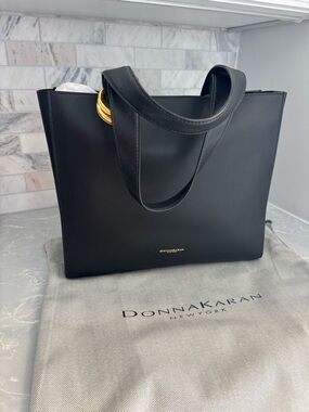 Donna Karan Black Leather Tote with Gold Ring Detail